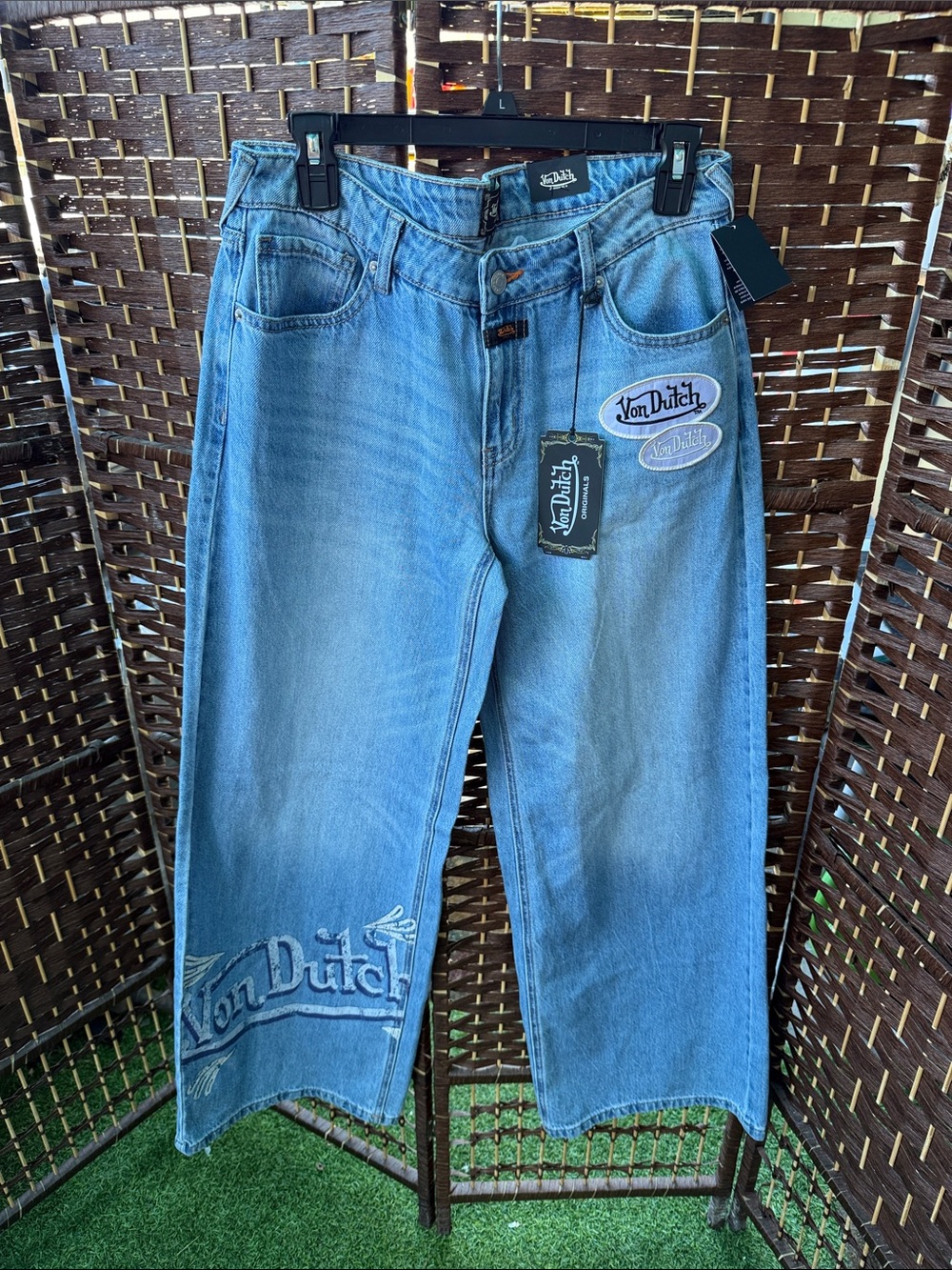 Von Dutch Light Blue Wide Leg Jeans with Logo Patches